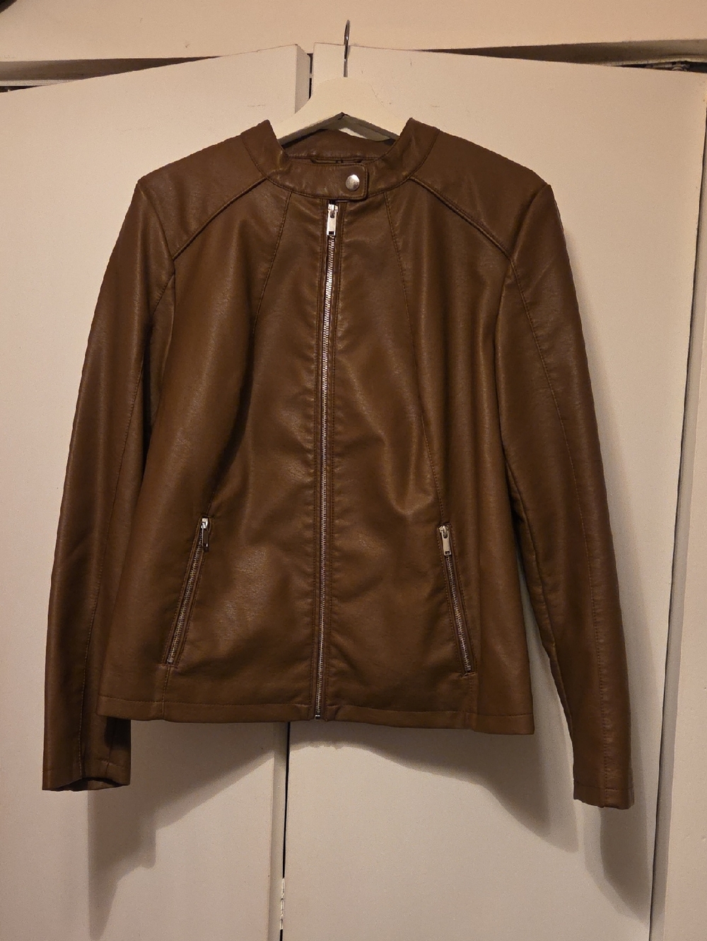 Women’s Faux Leather Biker Jacket - Brown